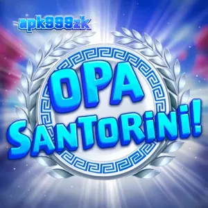 Tampilan visual slot Opa Santorini dengan latar belakang bangunan khas Santorini